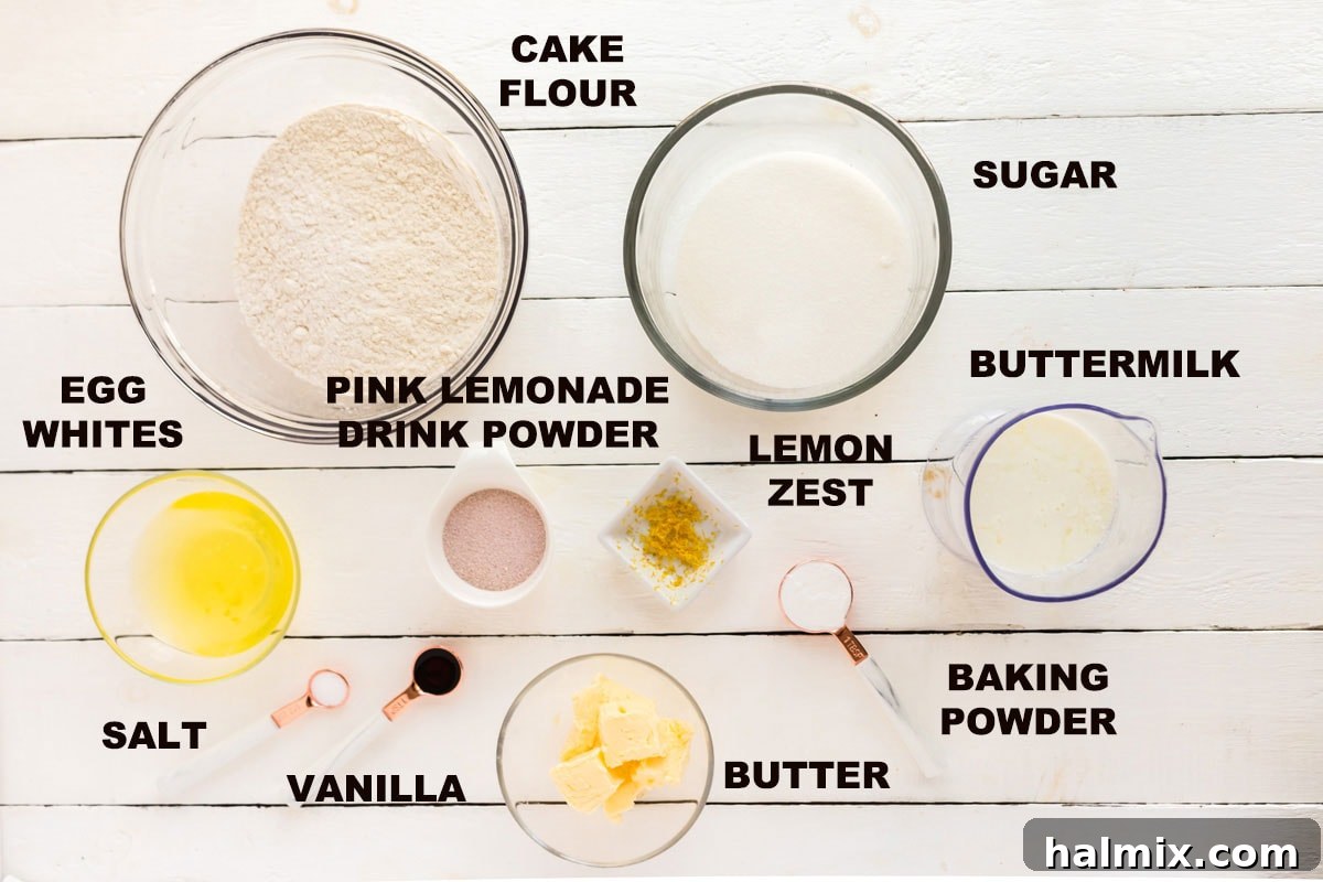 Labeled ingredients for pink lemonade cake layers