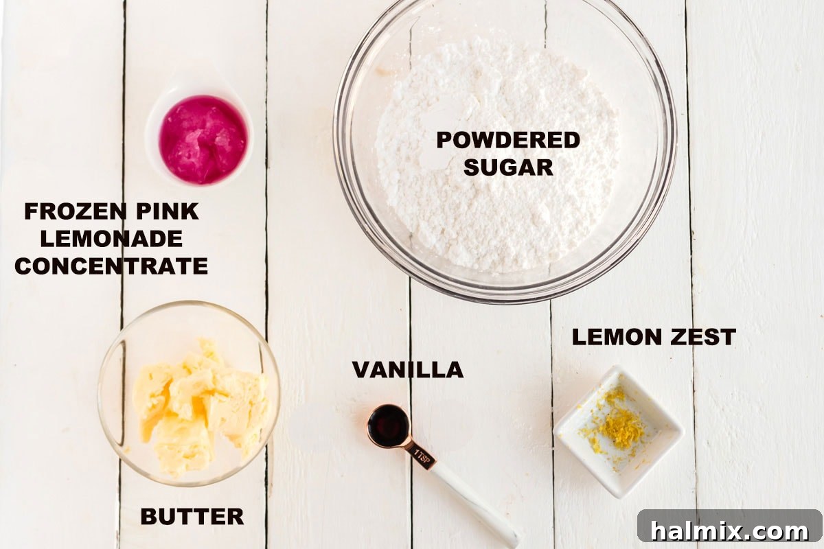 Labeled ingredients for pink lemonade cake frosting