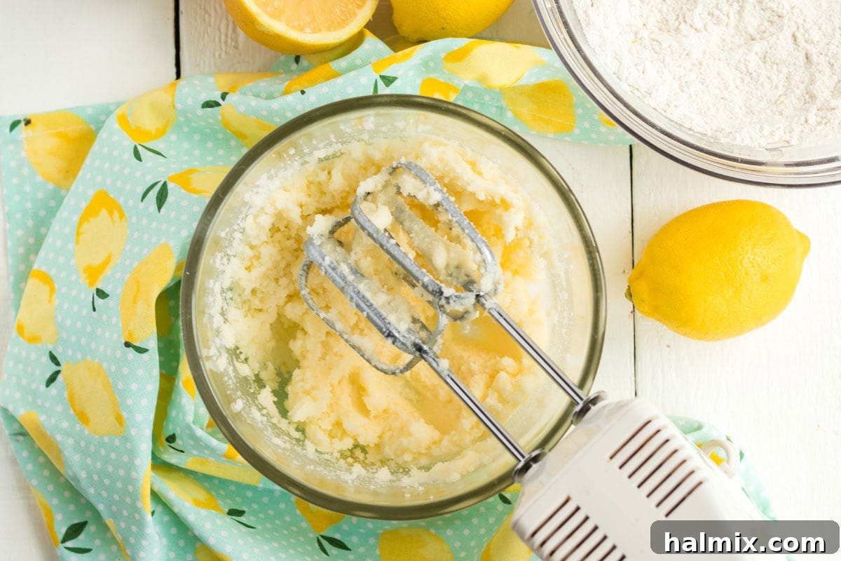 Mixing sugar and butter until light and fluffy in a stand mixer