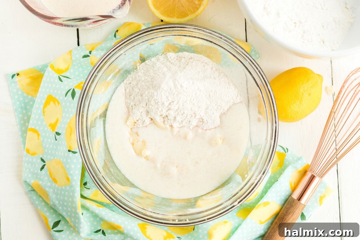 Bowl with cake ingredients, showing the batter in progress