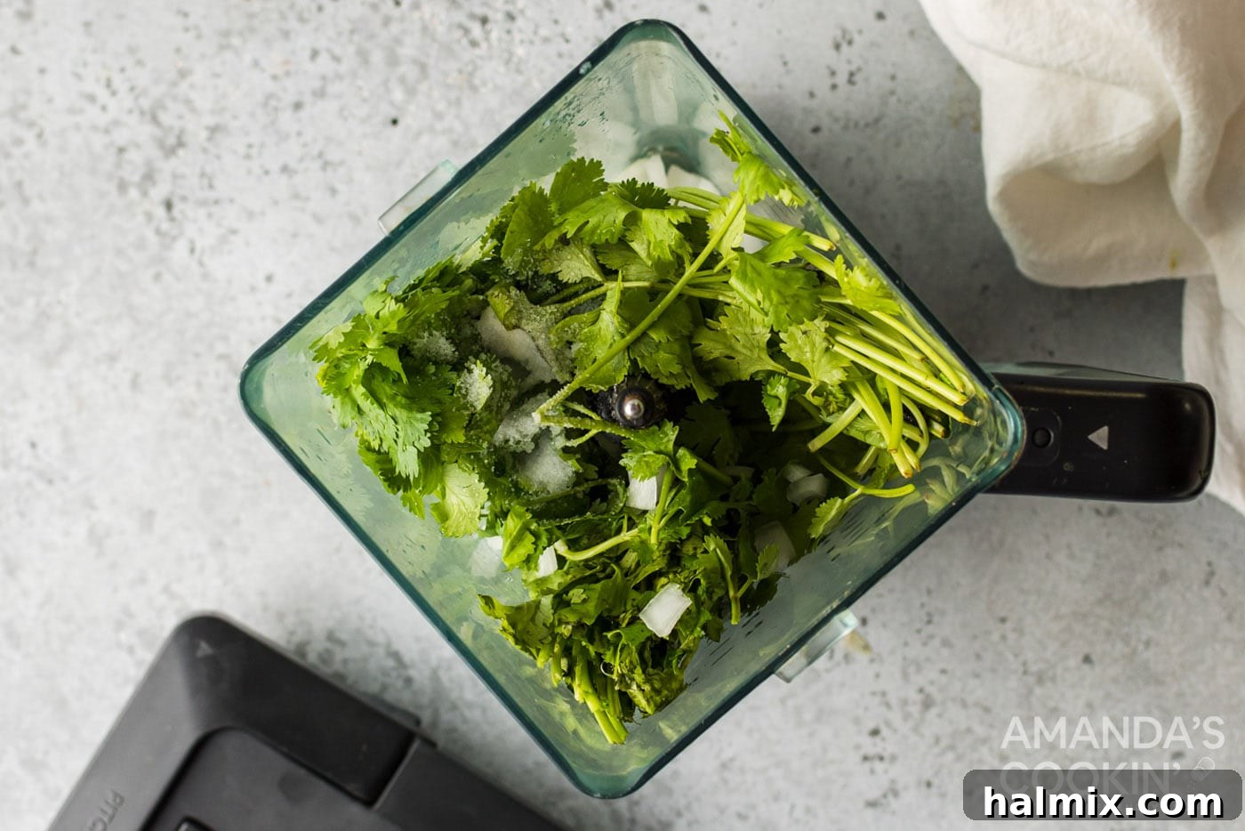 onion, garlic, cilantro, chilis and salt in a blender