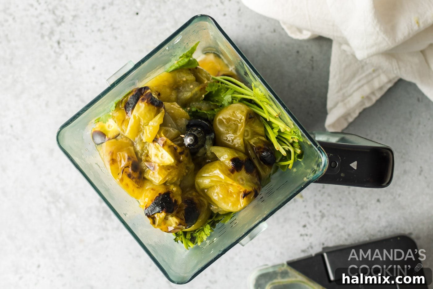 charred tomatillos in blender