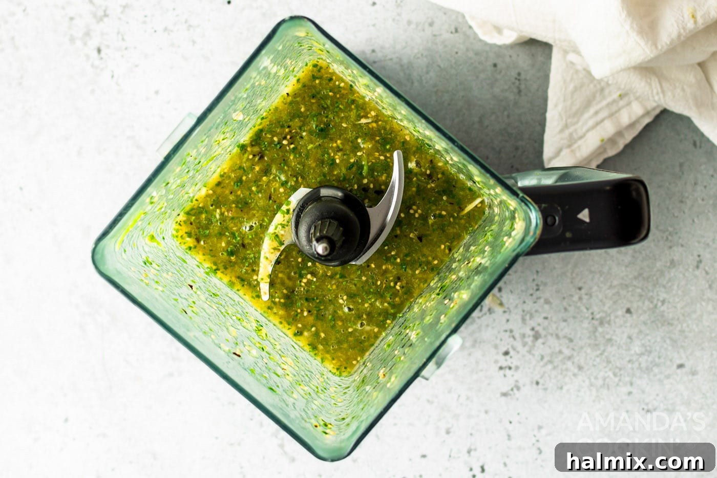 ingredients for green salsa blended together