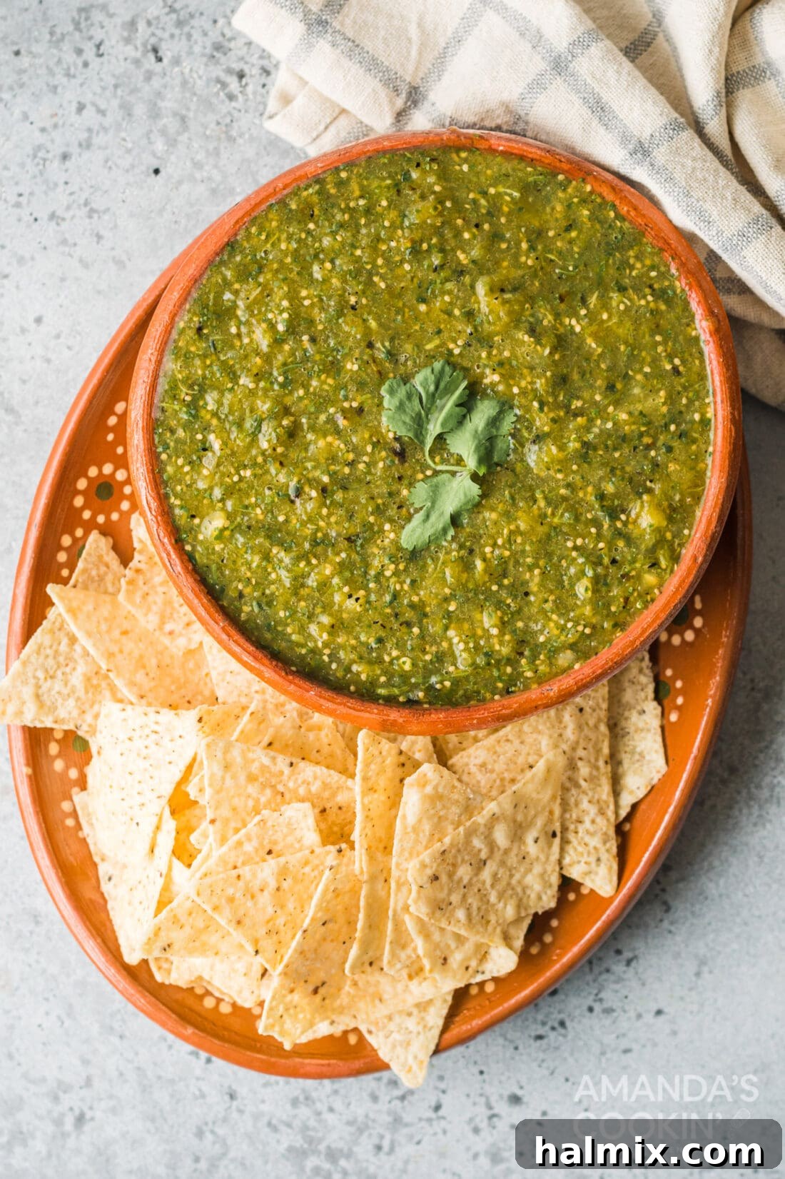 bowl of salsa verde with tortilla chips