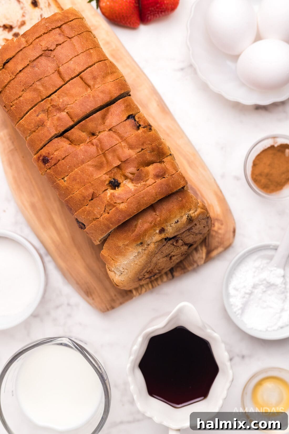 Air Fryer French Toast Poppers 4 All the fresh ingredients laid out for making Air Fryer French Toast Bites: bread, eggs, buttermilk, sugar, cinnamon, and maple extract.