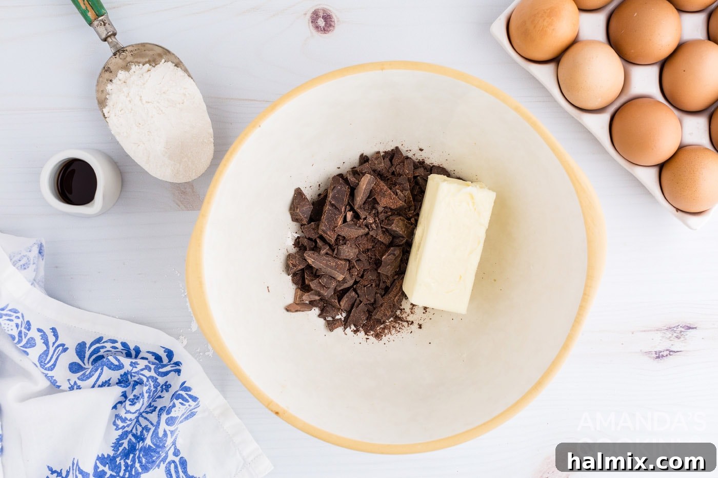 Butter and chocolate melting in a bowl for brownies