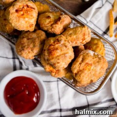 A basket full of golden, crispy air fryer chicken nuggets, piled high and ready to serve.