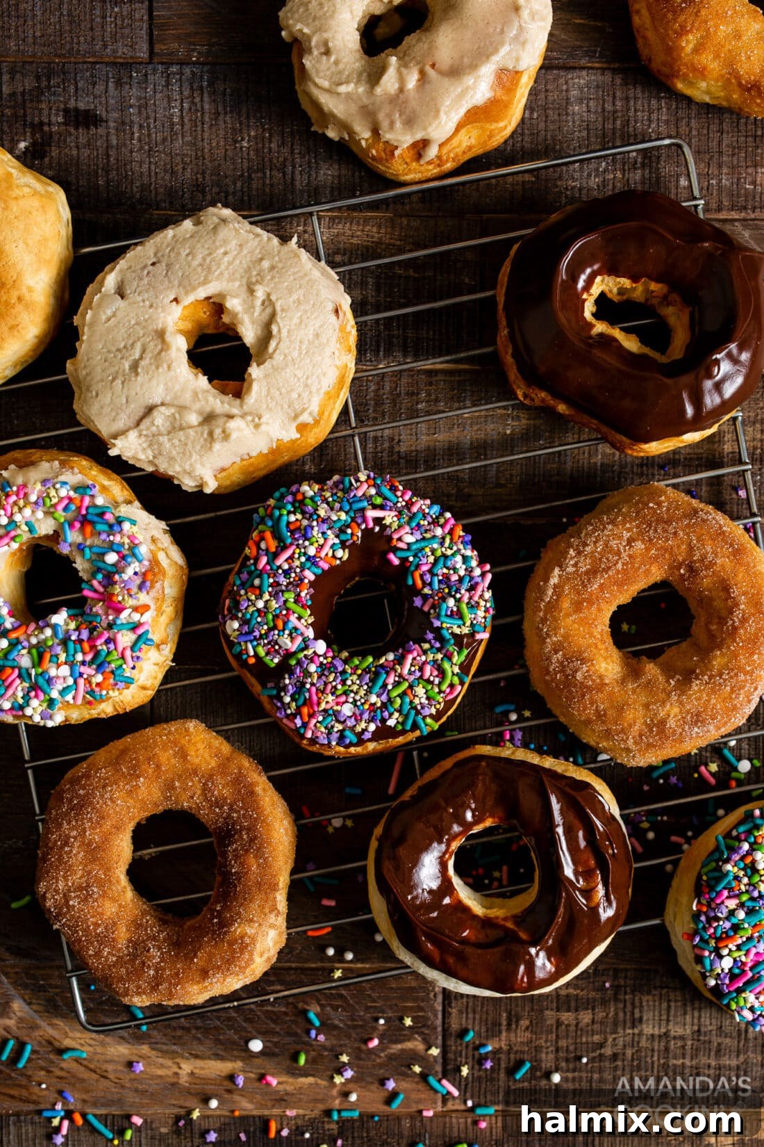 decorated donuts on a wire rack, made in an air fryer
