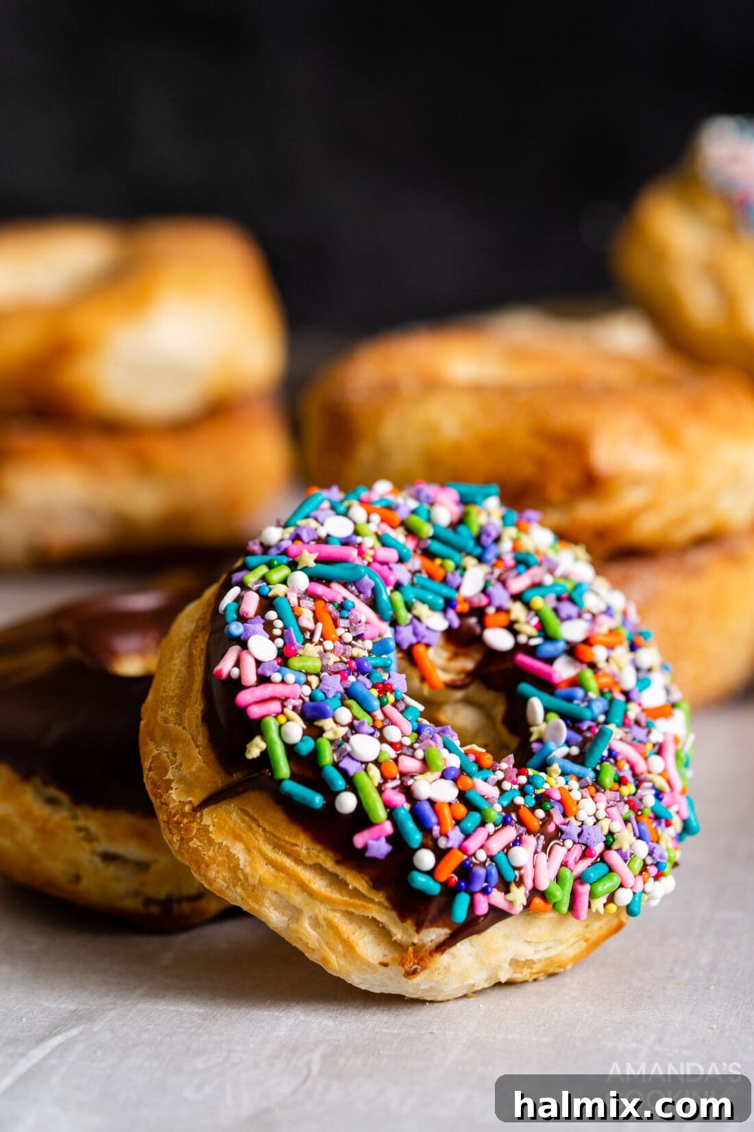 chocolate sprinkled air fryer donut, close-up
