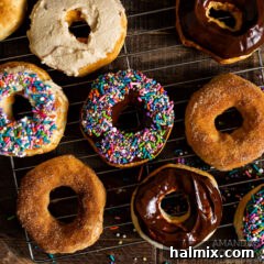 overhead view of delicious air fryer donuts with various toppings