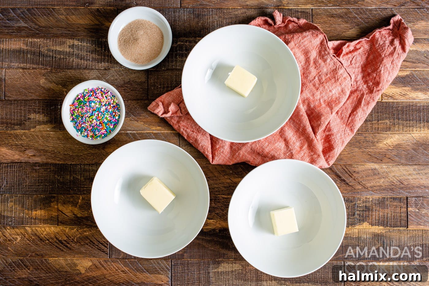 melted butter in bowls, ready for topping preparation