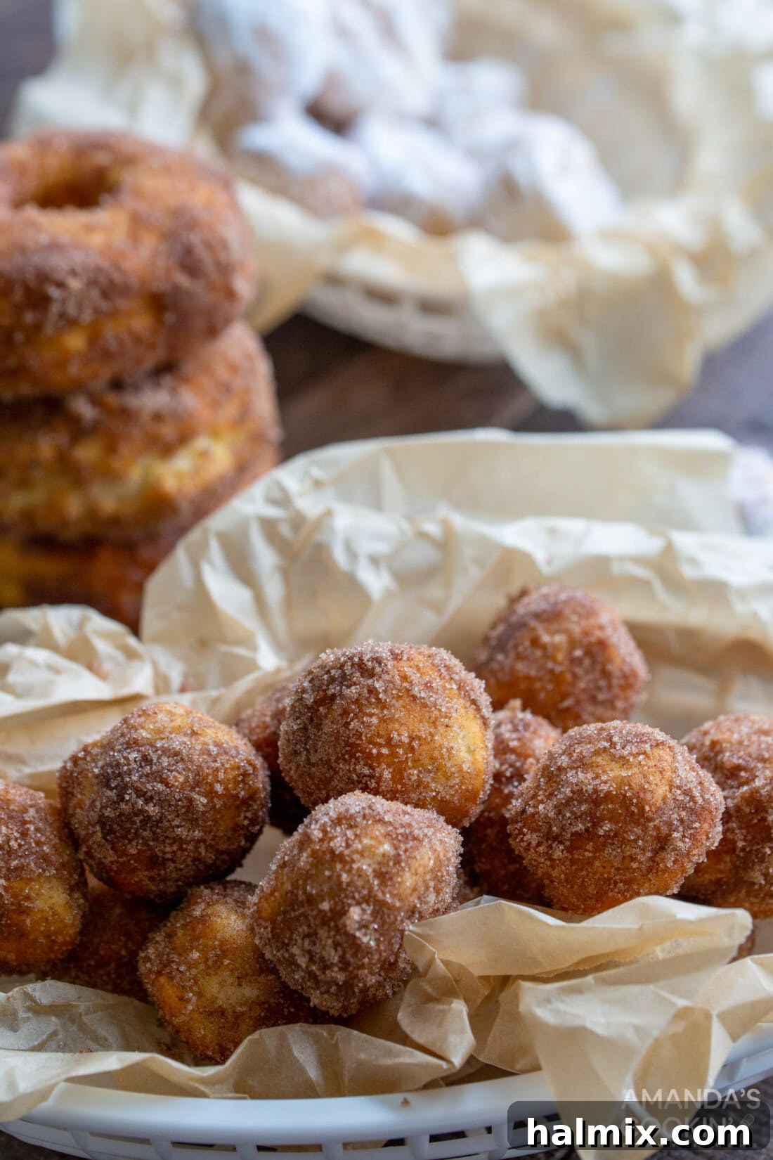 close-up of golden brown air fryer donut holes