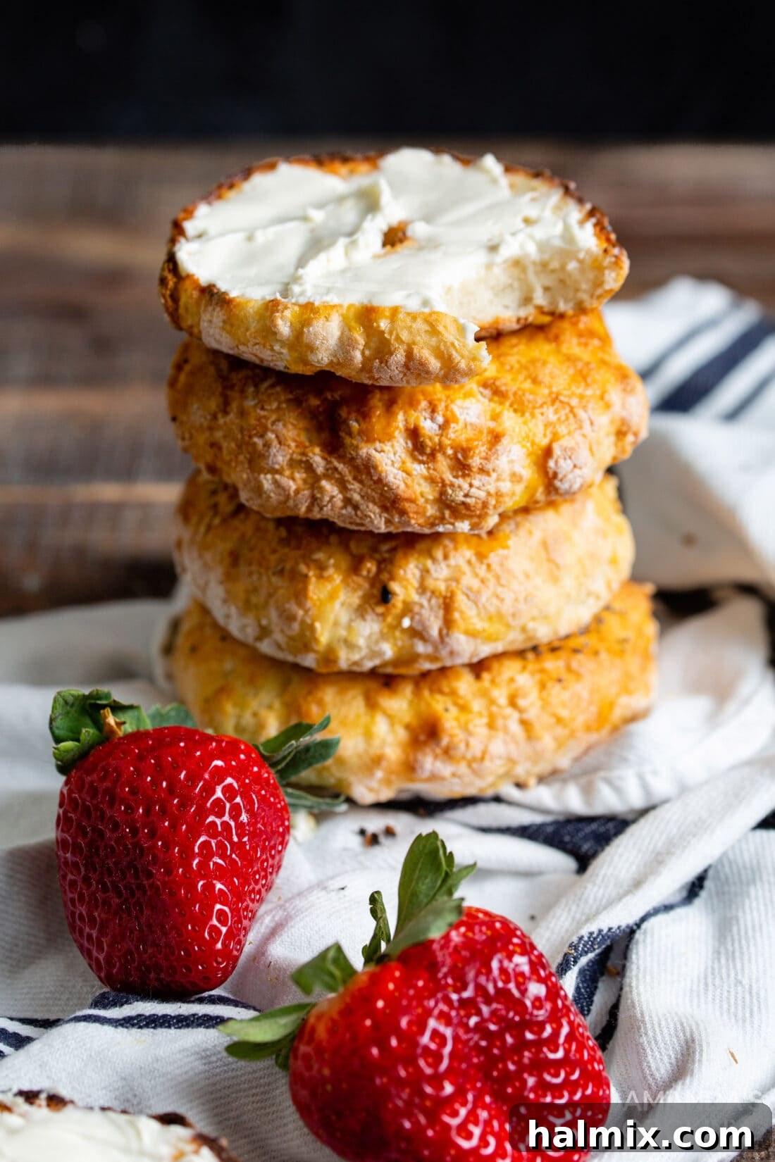 A beautifully arranged stack of homemade air fryer bagels, showcasing their perfect shape and golden exterior.