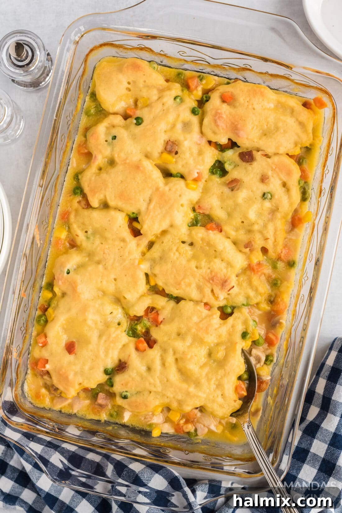 Overhead shot of a golden-brown chicken and dumpling casserole, ready to serve.