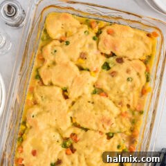 Chicken and dumpling casserole in a square bowl.