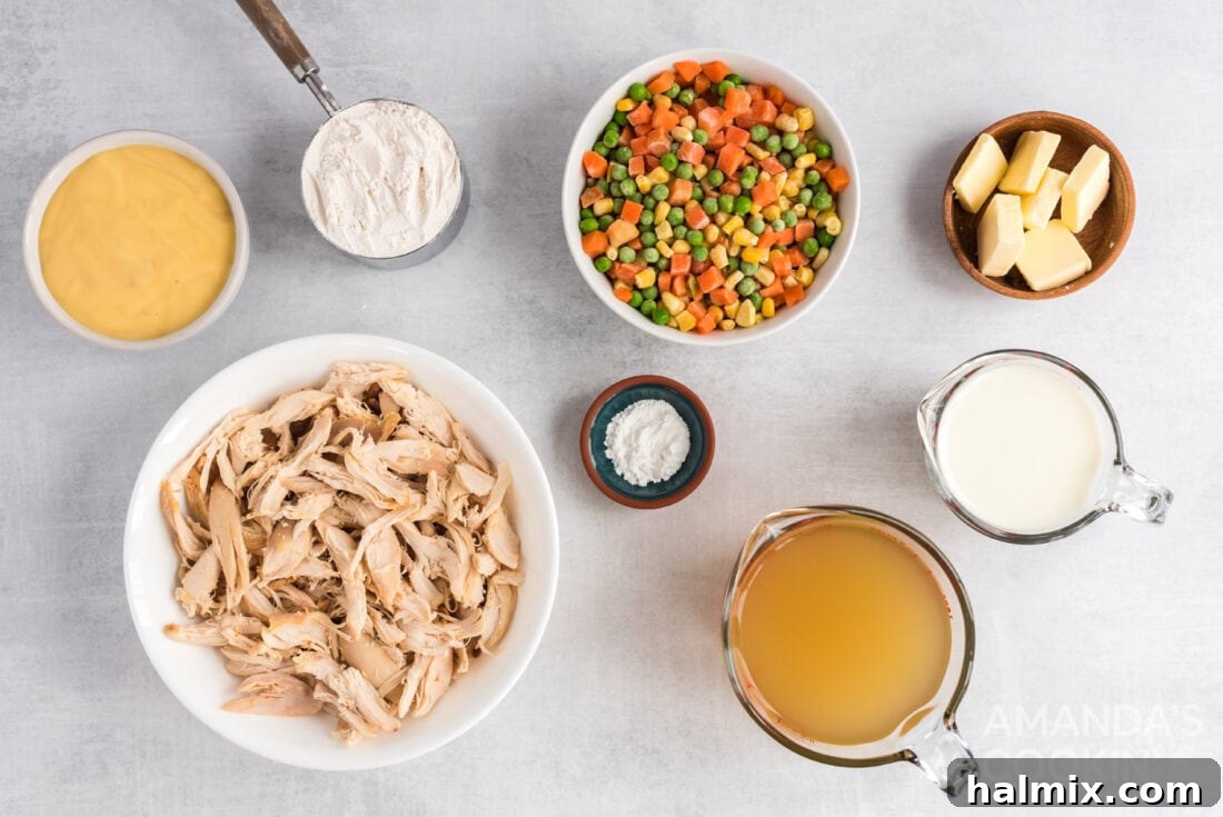 A flat lay photograph of all the ingredients for chicken and dumpling casserole neatly arranged.