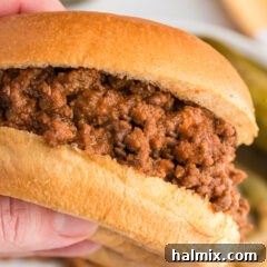 Messy Beef Bliss 10 A close-up of a homemade sloppy joe, showcasing the rich meat sauce and soft bun.