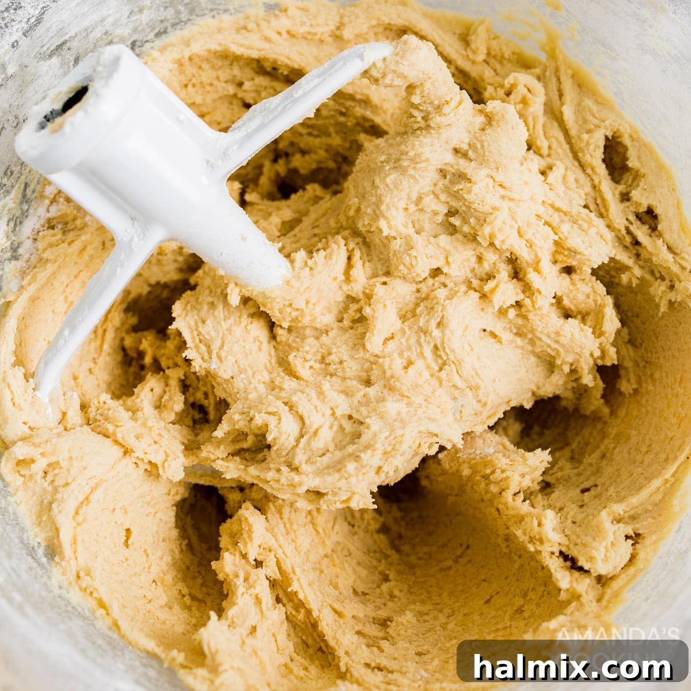 cookie dough in mixer bowl with paddle attachment