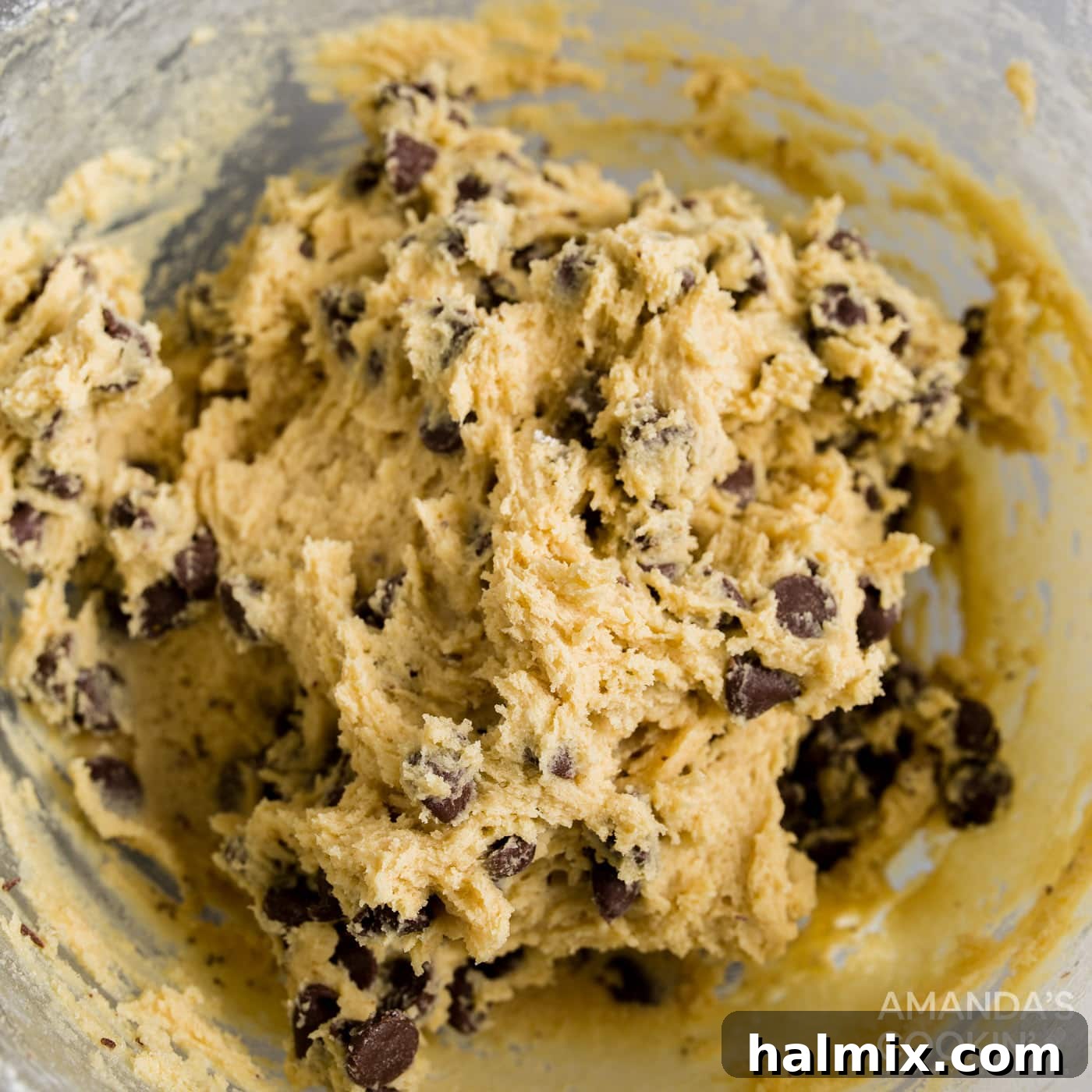 chocolate chip cookie dough in mixing bowl