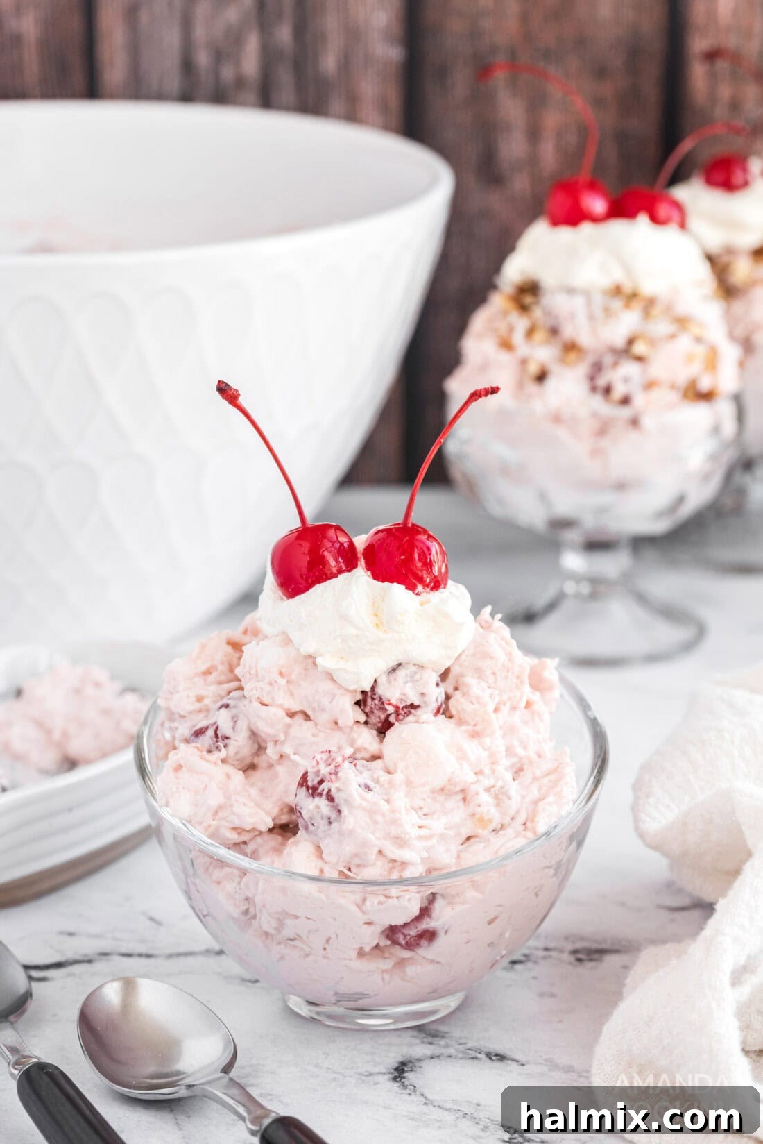 Ruby Cloud Delight 3 Individual dessert dish showcasing a serving of cherry fluff.