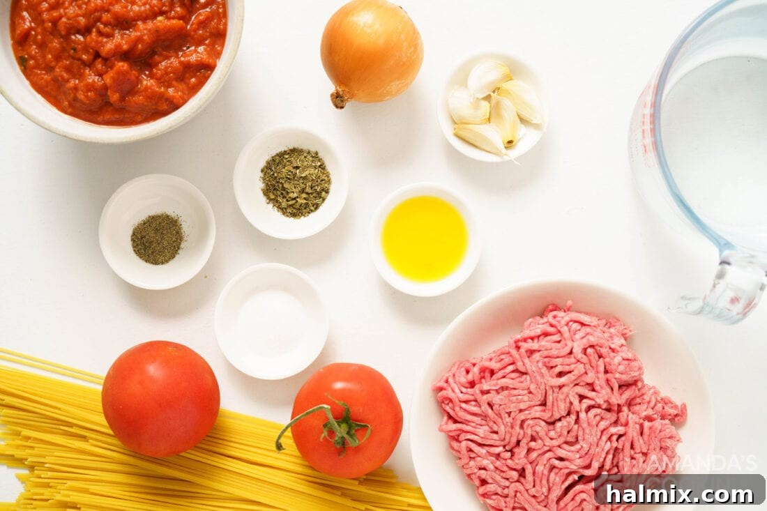 Effortless Instant Pot Spaghetti with Rich Meat Sauce 4 A flat lay photo showing all the ingredients for Instant Pot Spaghetti and Meat Sauce laid out on a cutting board