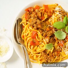 Instant Pot Spaghetti and Meat Sauce in a serving dish