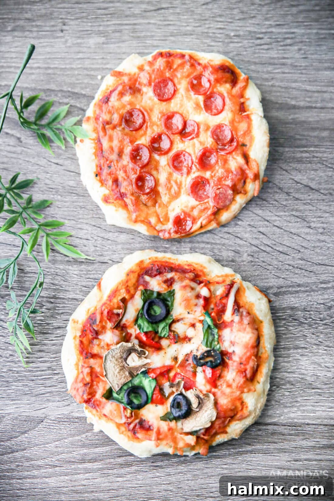 Overhead view of two freshly baked air fryer pizzas with various toppings, illustrating the perfect golden crust and melted cheese.