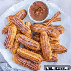 Air Fryer Churros in a serving cup with chocolate sauce
