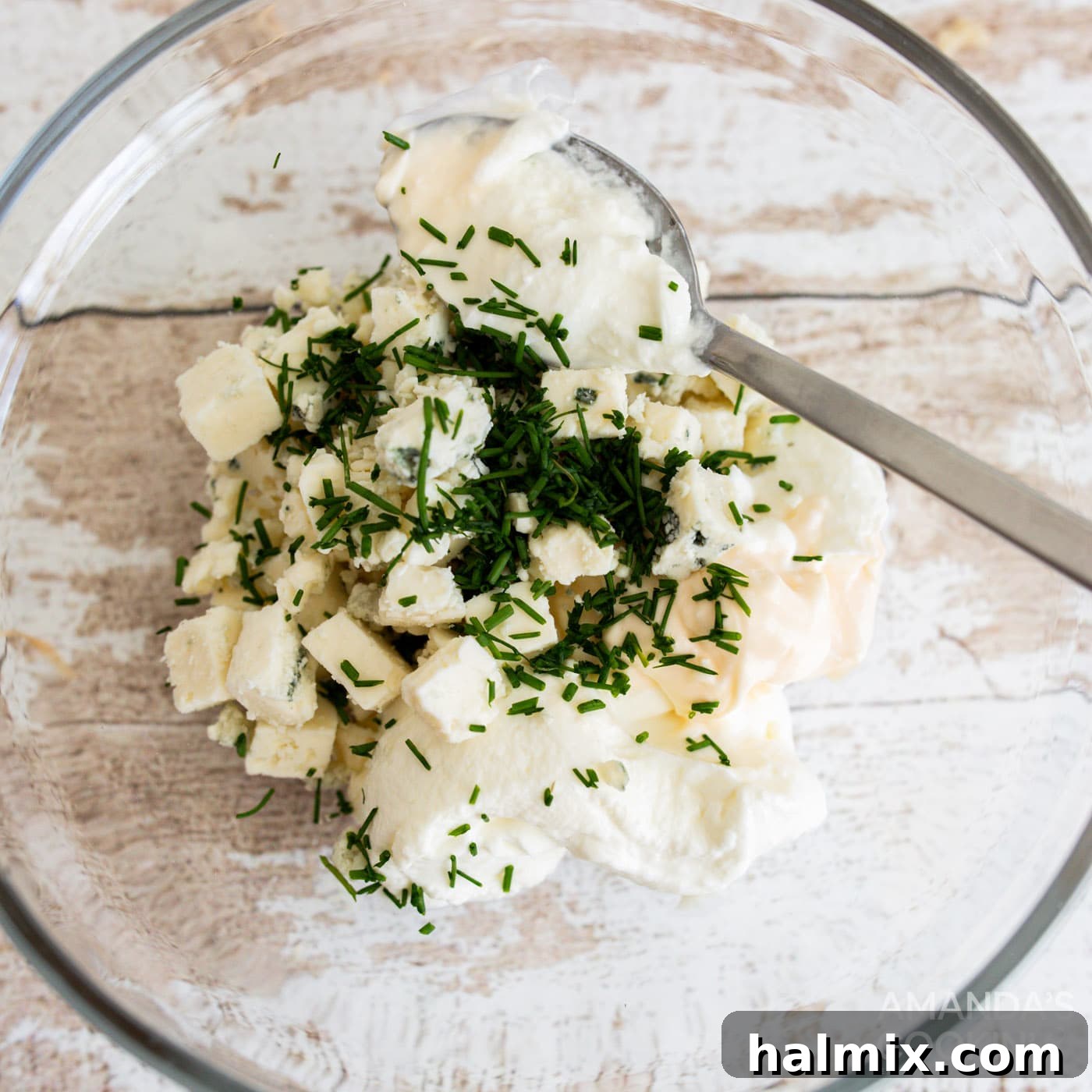 Mixing ingredients for the creamy gorgonzola dipping sauce