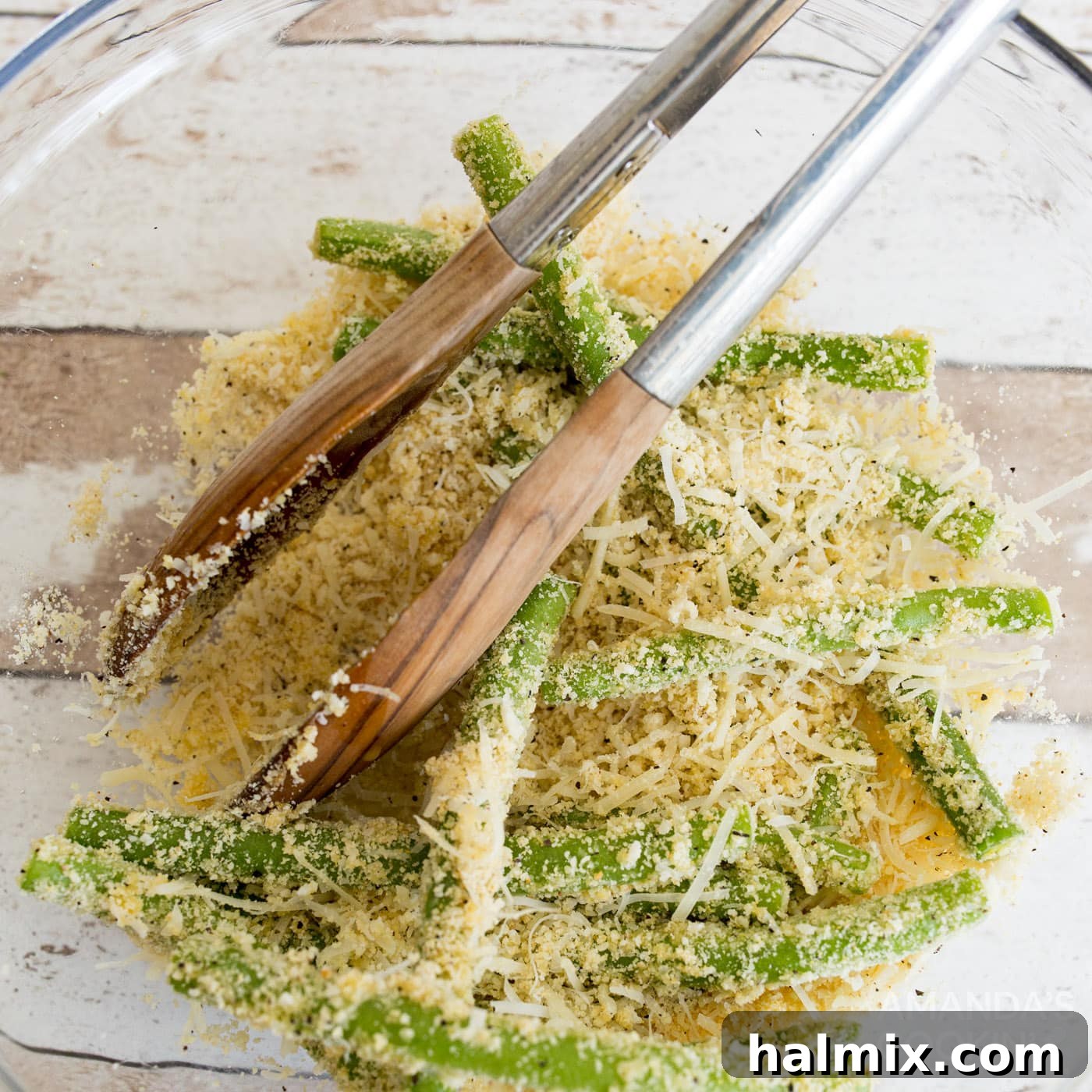 Air Fryer Green Bean Snaps 6 tossing green beans with almond flour, parmesan, egg, and seasonings