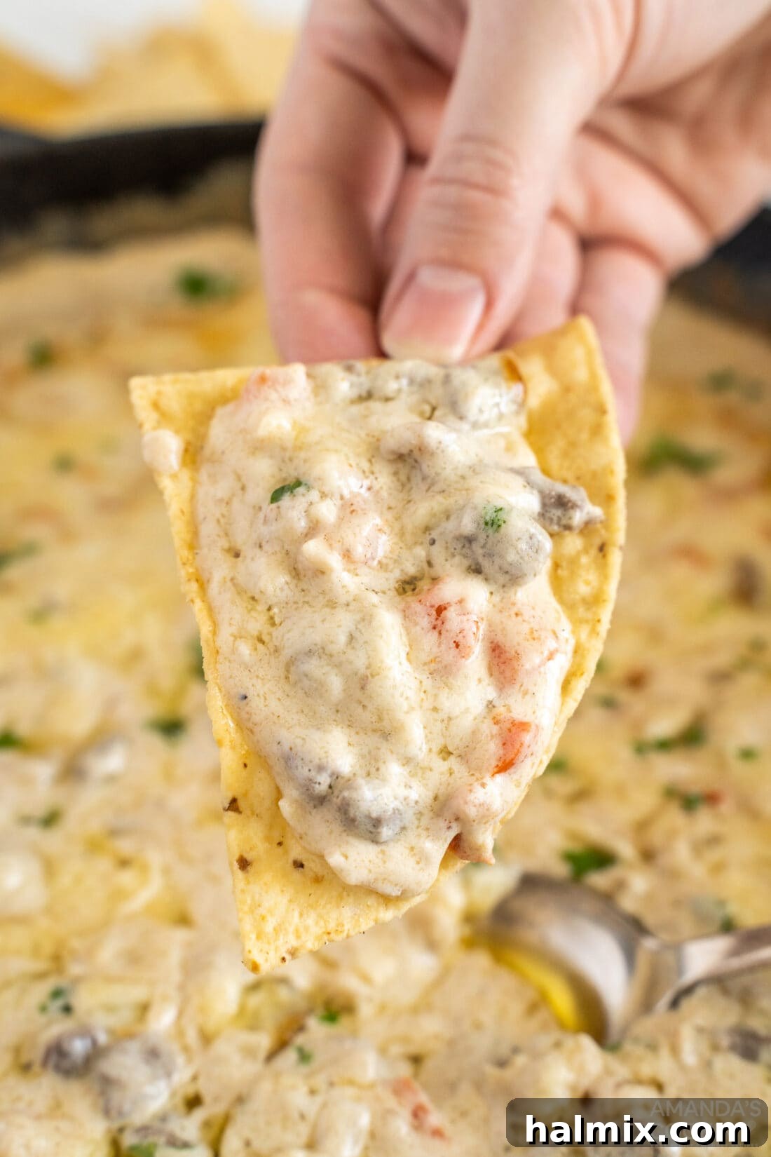 lifting Philly Cheesesteak Dip with a tortilla chip