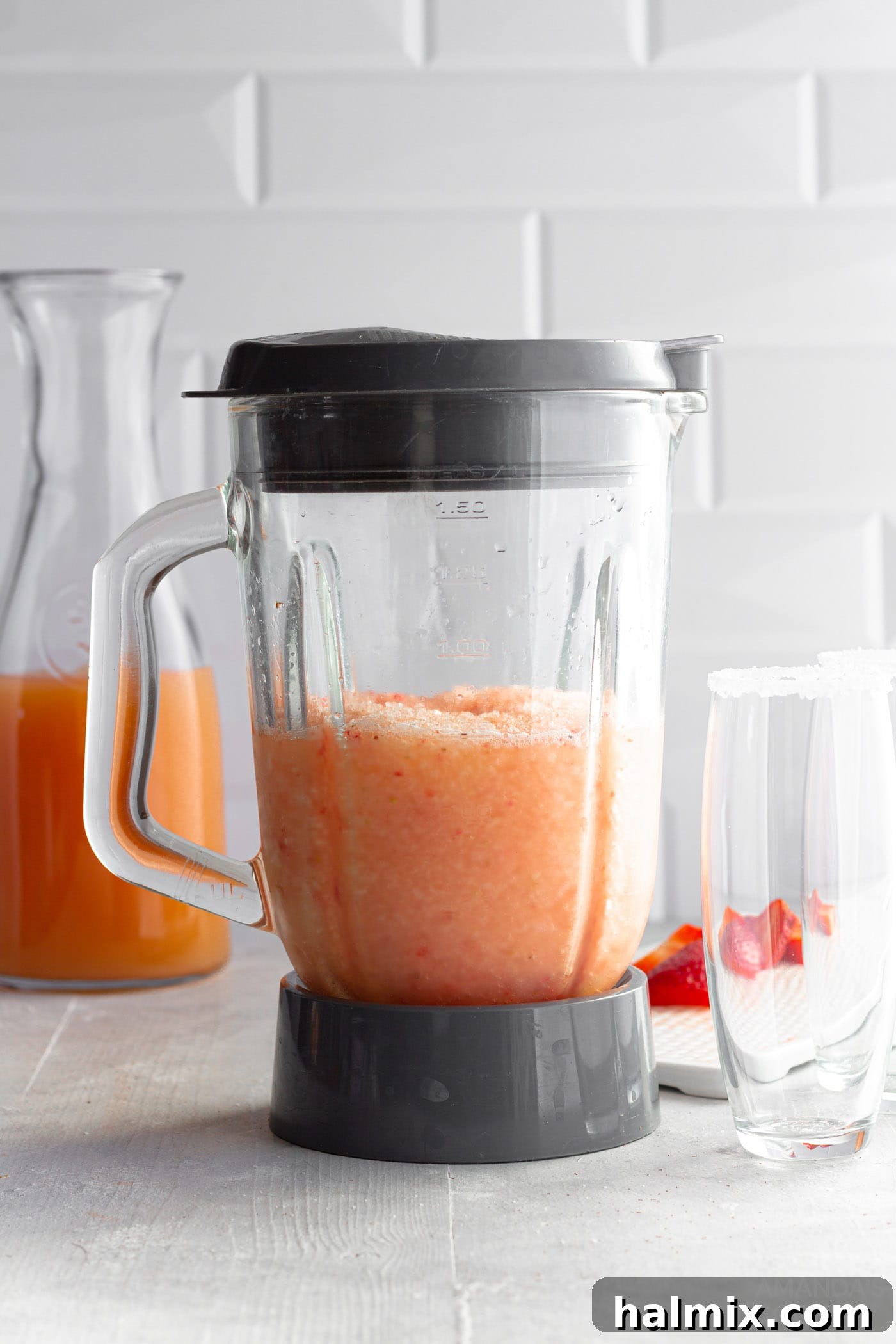 Frozen Strawberry Salty Dogs in a blender