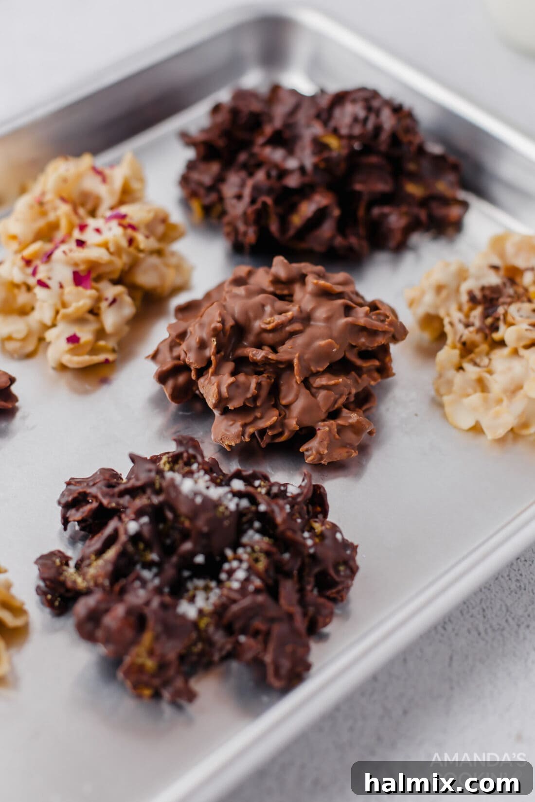 Effortless Cornflake Crunch 2 Irresistible no bake cornflake cookies perfectly set on a baking sheet, ready to be enjoyed.