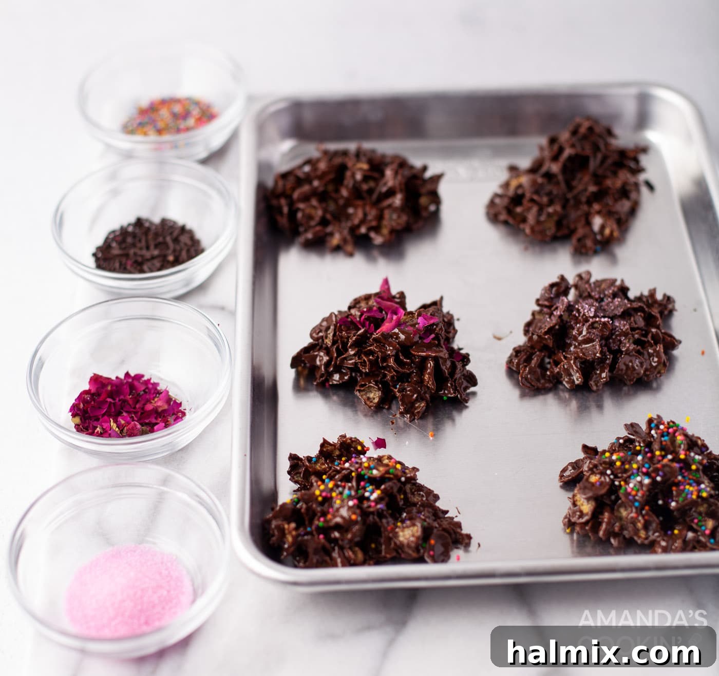 Effortless Cornflake Crunch 11 A vibrant sprinkle of toppings being added to freshly formed chocolate cornflake cookies.