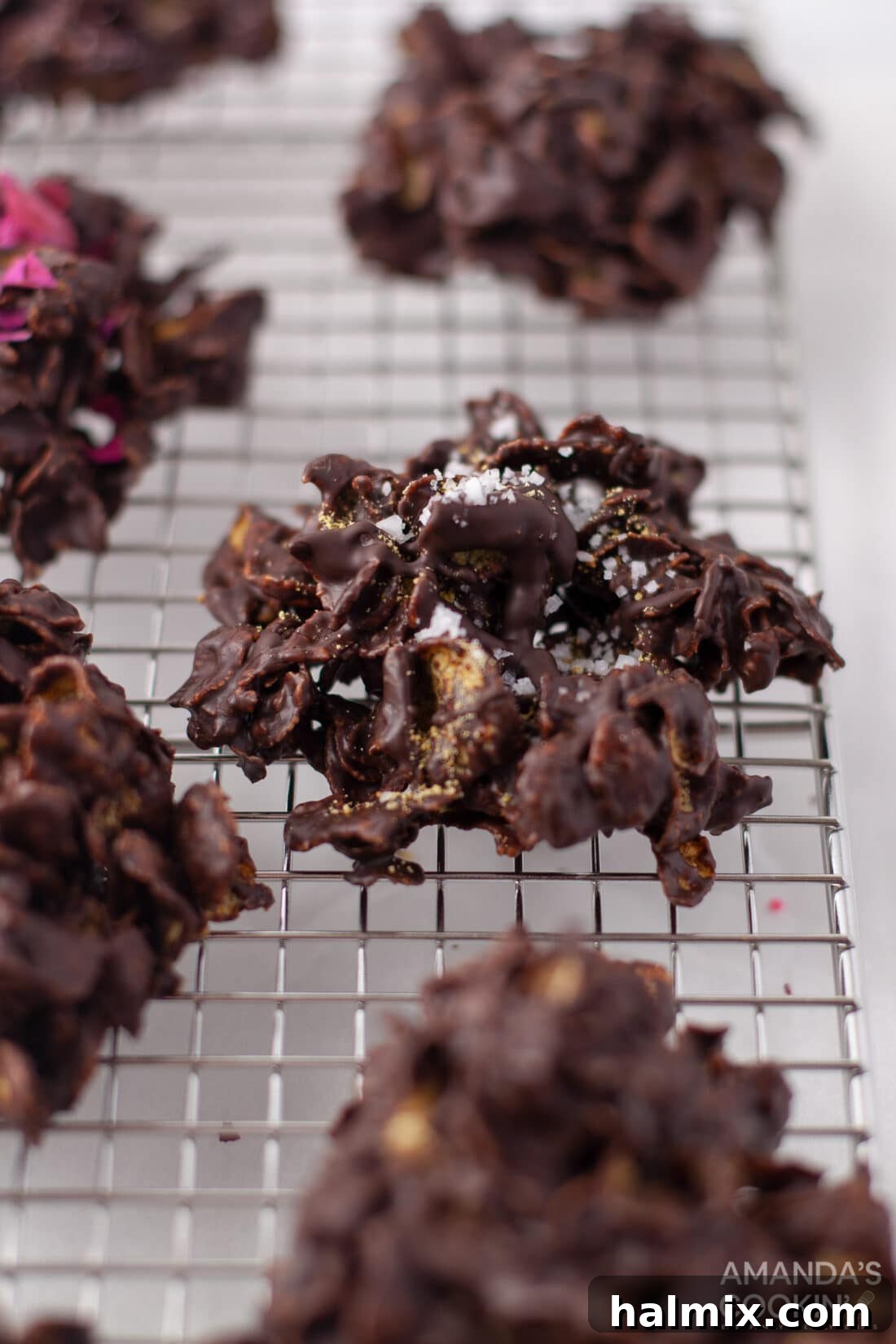 Effortless Cornflake Crunch 12 A stunning display of no bake cornflake cookies, glistening with rich dark chocolate, on a serving platter.