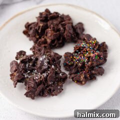 A plate featuring delicious corn flake cookies, showcasing their inviting texture and chocolatey goodness.