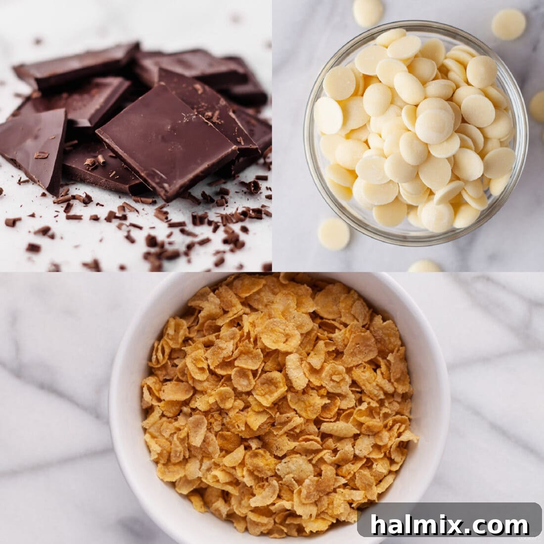 Effortless Cornflake Crunch 4 The two core ingredients, cornflakes and chocolate, laid out for making no-bake cookies.