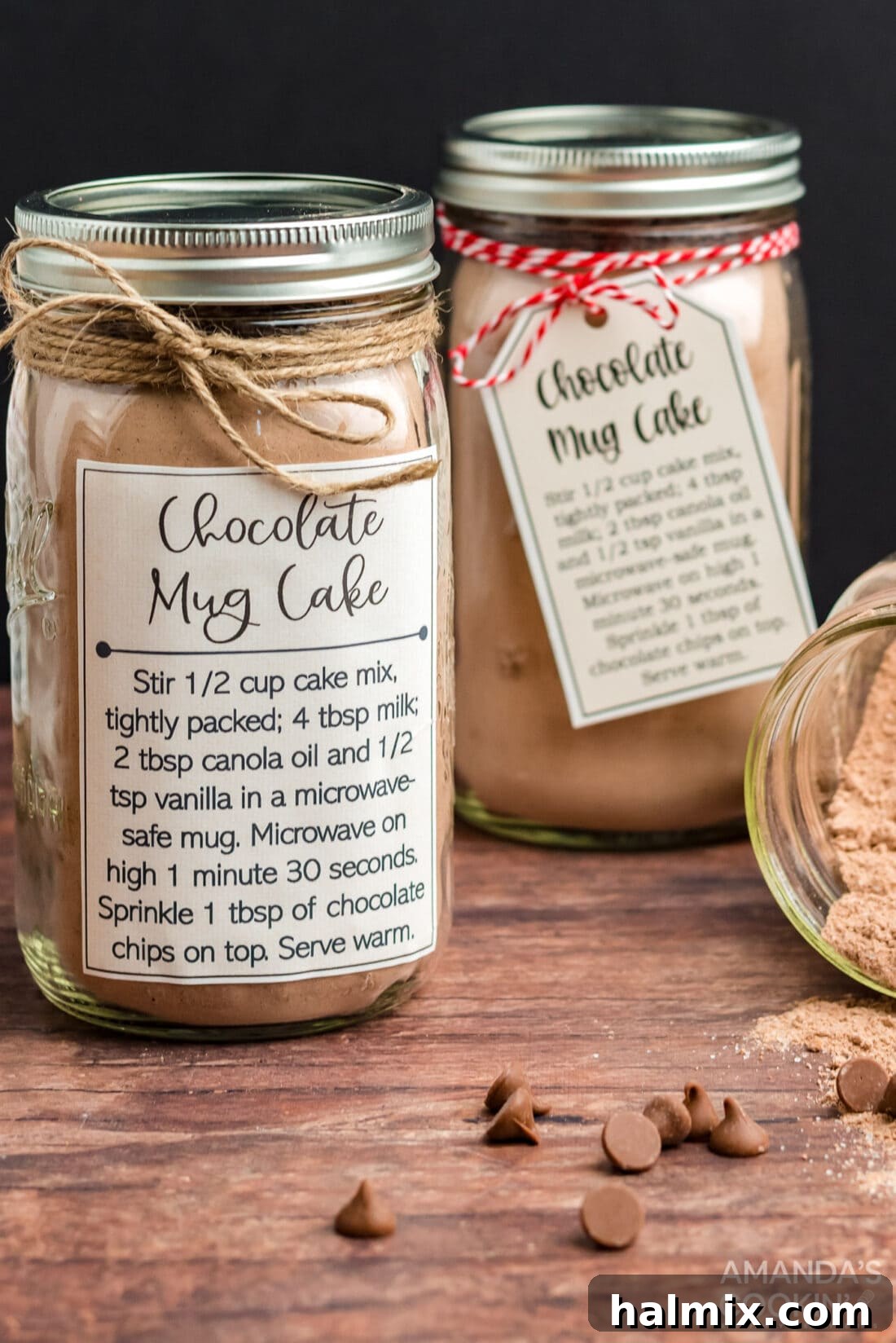 Decorated chocolate mug cake in a jar, ready to be gifted.