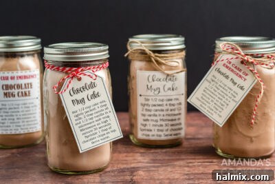 Chocolate mug cake mix beautifully layered in a jar with labels and tags.
