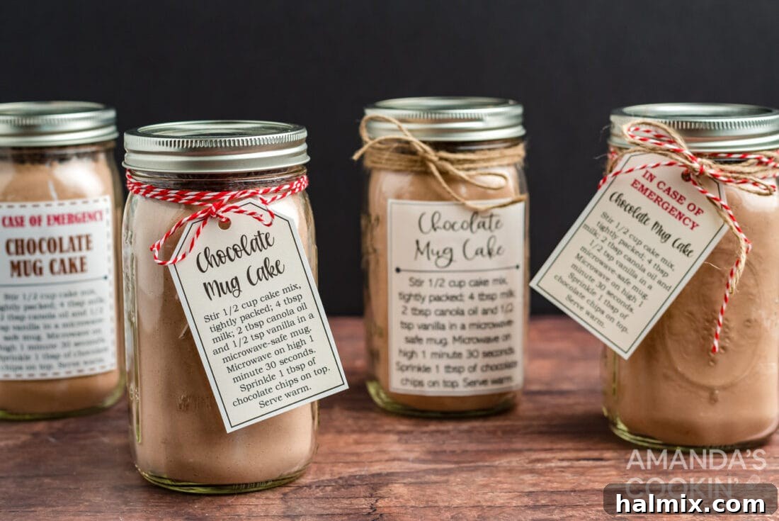 Beautifully labeled chocolate mug cake in a jar, presented as a thoughtful gift.