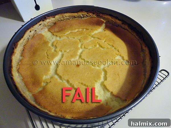 A photo of a cracked lemonade cheesecake.