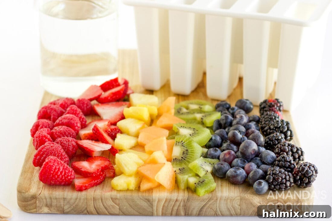 Summer Fruit Delights 4 A colorful array of chopped fresh fruit on a wooden cutting board