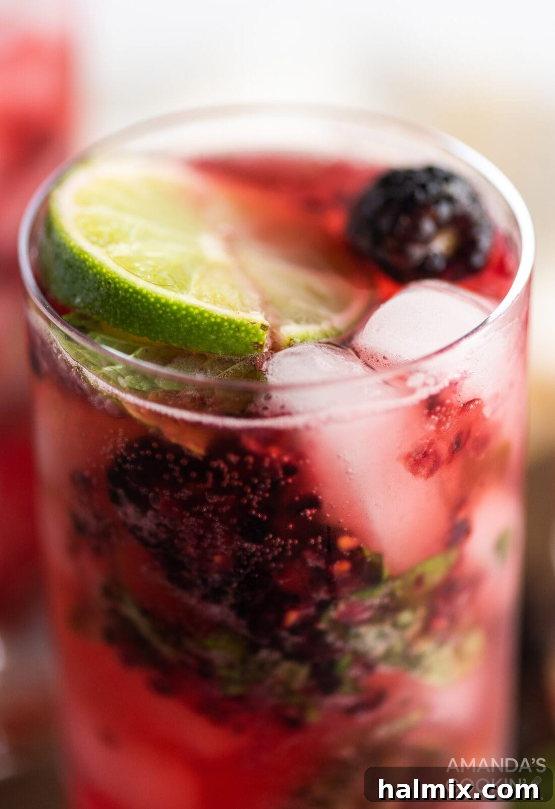 Midnight Mojito 3 Close-up of a single Blackberry Mojito glass, showcasing the rich purple hue of the muddled fruit, fresh mint leaves, and ice, topped with sparkling club soda.
