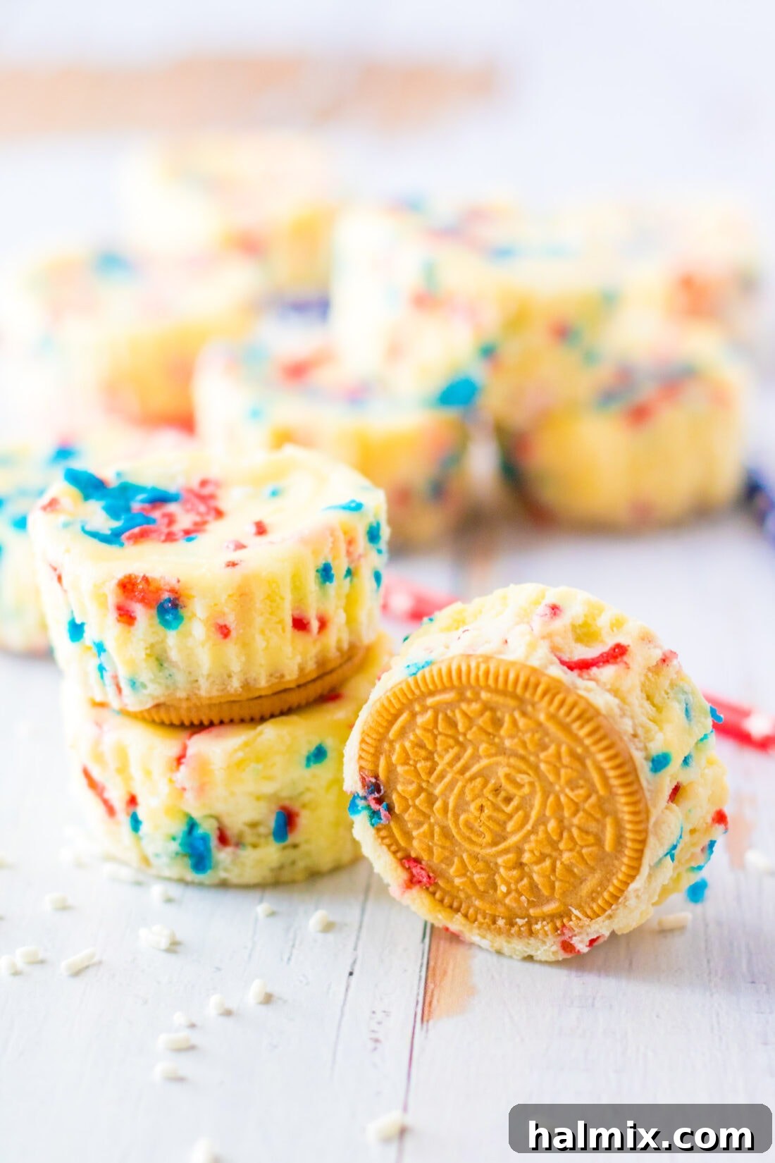 Stack of Patriotic Mini Cheesecakes and one on its side