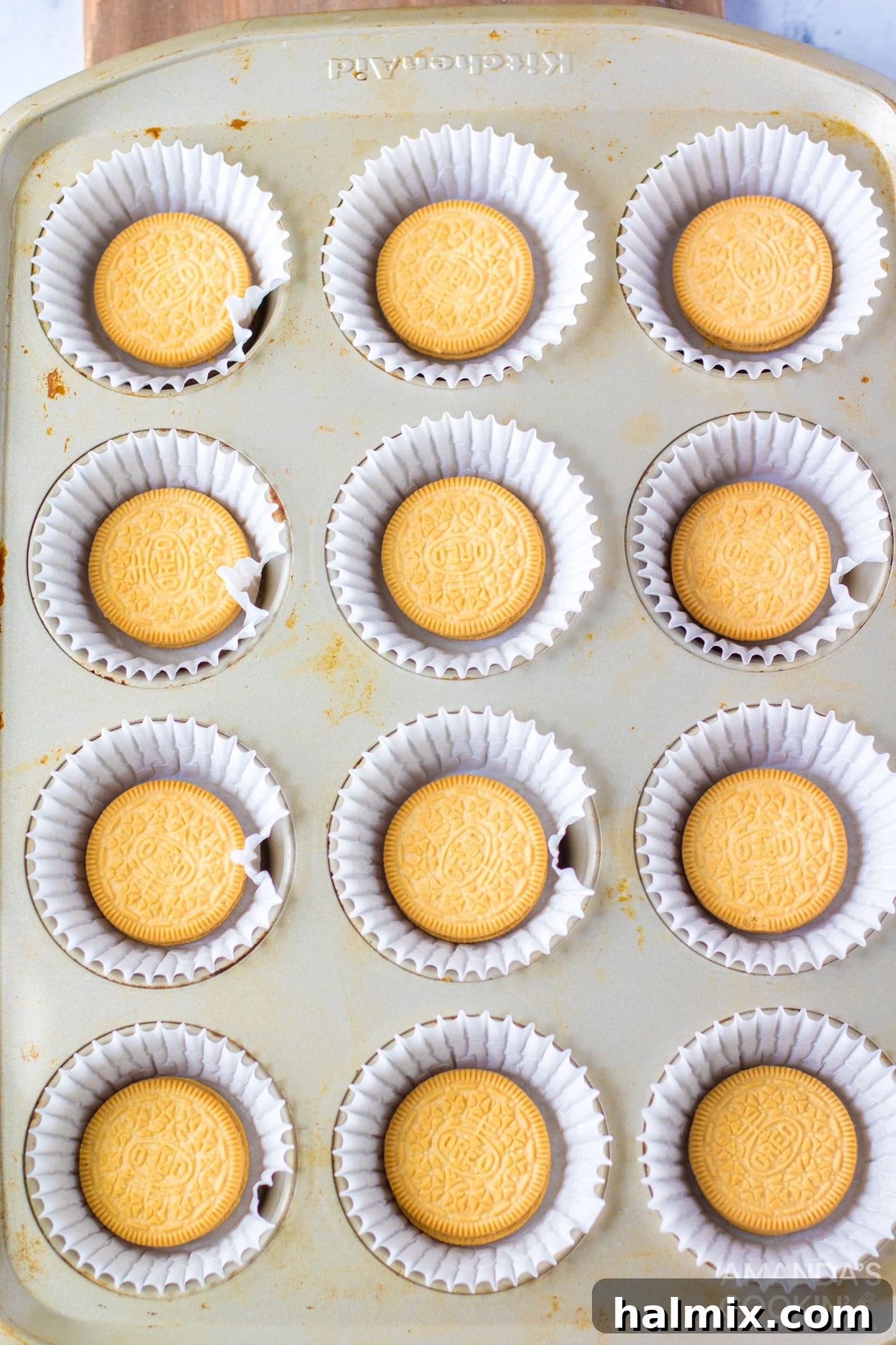 golden Oreos in a mini muffin tin