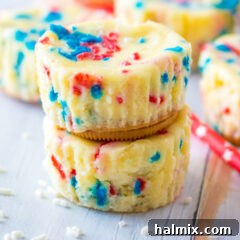 Close up photo of a stack of two Patriotic Mini Cheesecakes