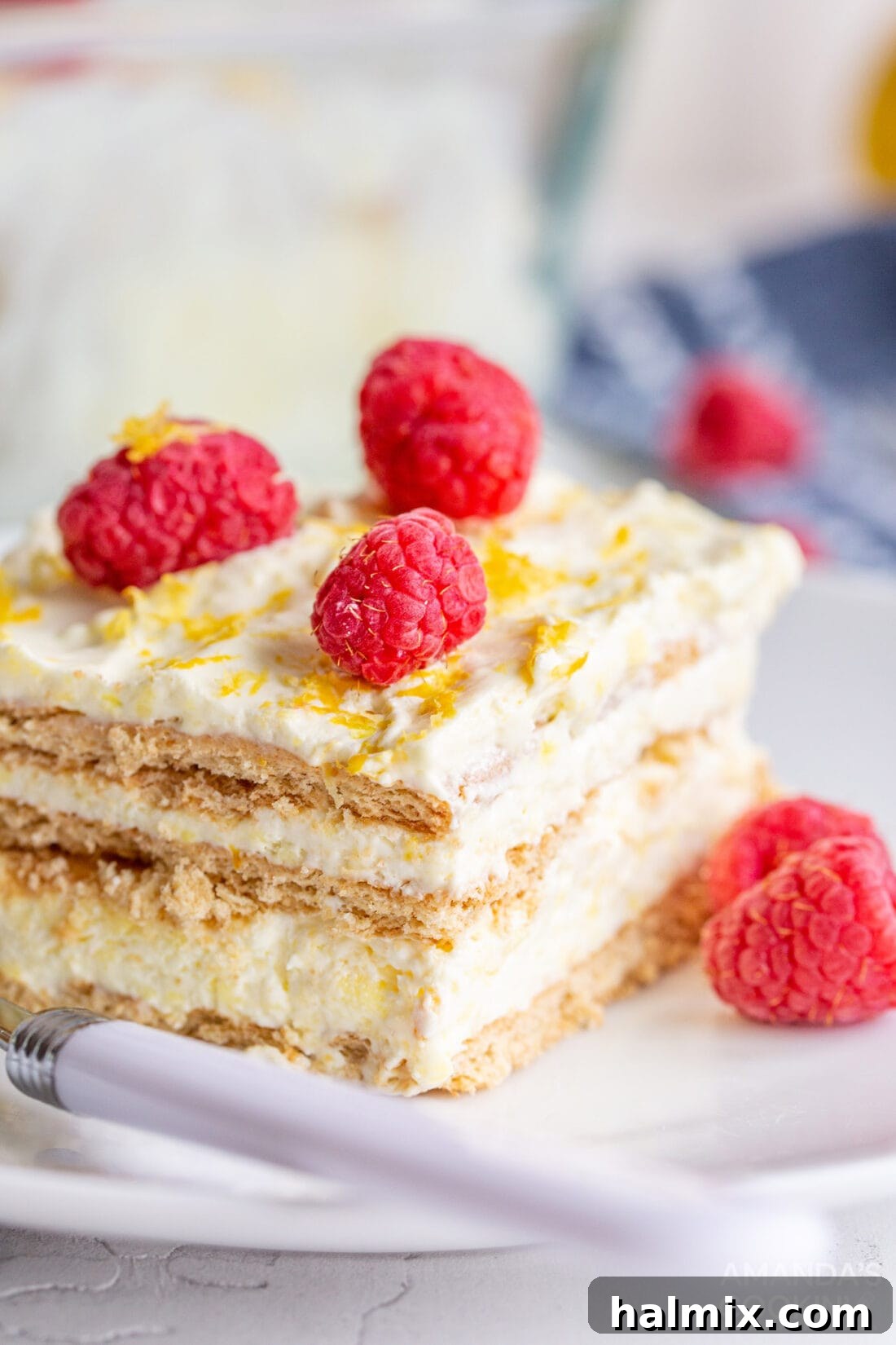 Refreshing Lemon Icebox Cake 2 slice of lemon icebox cake garnished with lemon zest and raspberries, showing distinct layers