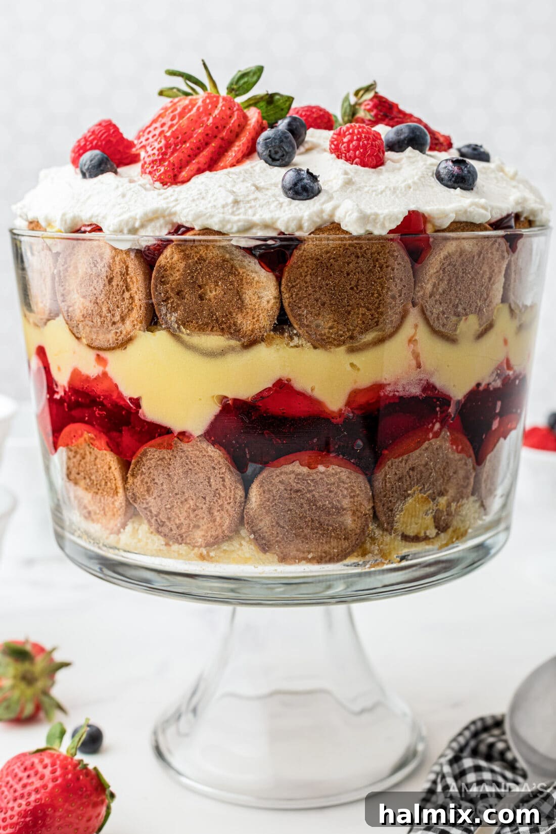 Rainbow Jello Dessert 2 Vibrant Jello Trifle with layers of fruit, pudding, and cake