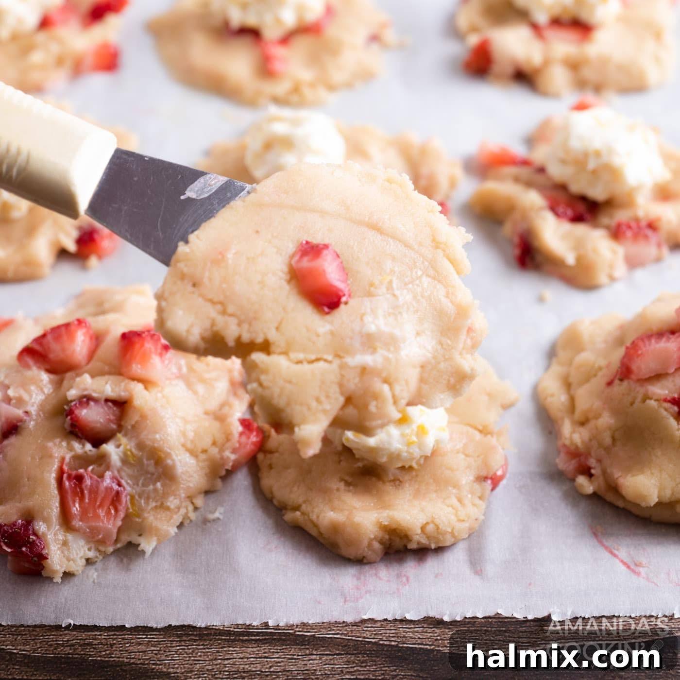 placing cookie dough on top of cream cheese balls