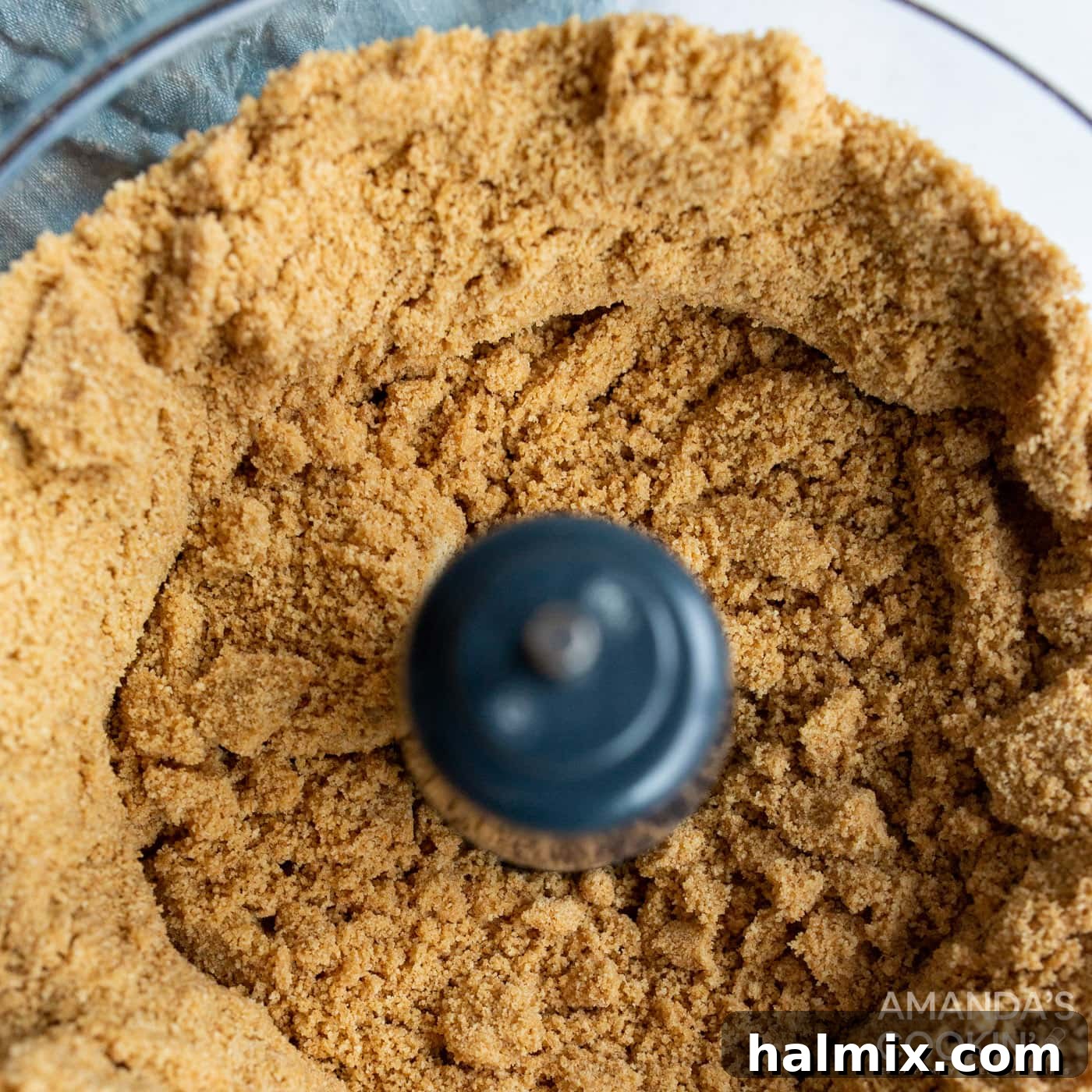 Graham crackers being processed into fine crumbs with melted butter in a food processor